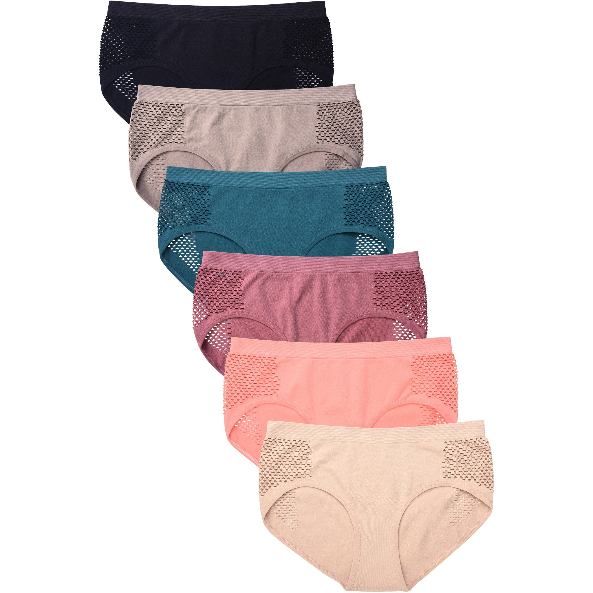 6 Packs of MAMIA Women's Seamless Nylon Low Rise Mesh Panel Hipster ...