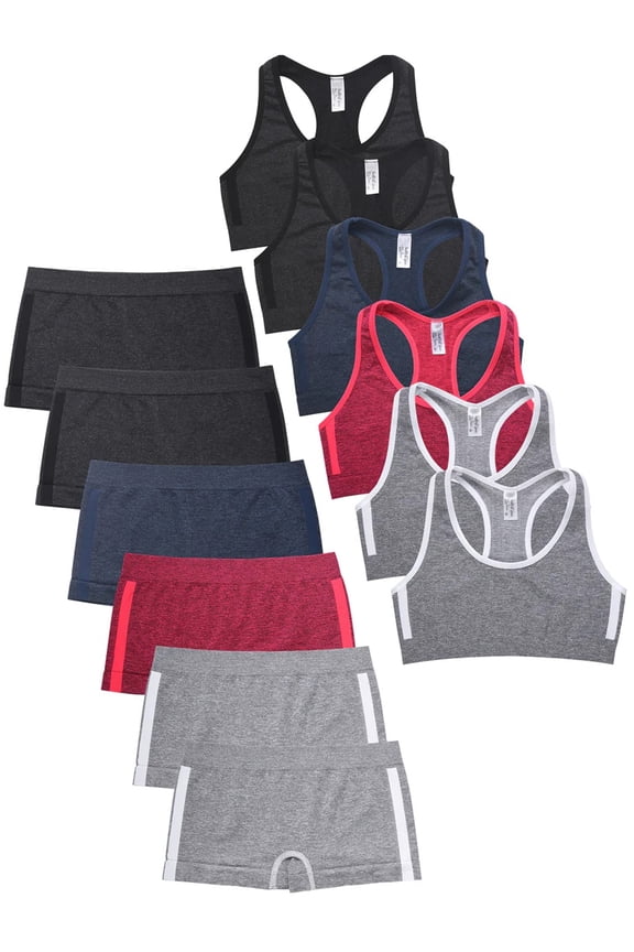 6 Packs of Sofra Girls Seamless Sports Boyshorts Panty and Training Bra Sets (Style#1)