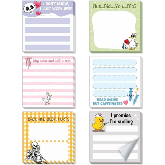 6 Pads Funny Humorous Sticky Notes Set, Cute Self Stick Notepads, Easy to Desk Supplies, Self-Adhesive Sticky Note, for Nurse Women Men Desk Supplies 3 * 3IN