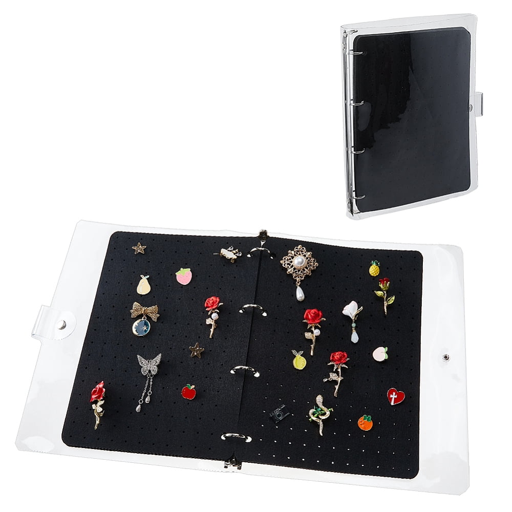 6 Pages Felt Brooches Collection Binder Book with Rectangle PVC Binder Cover and Iron Binder Rings Black 31.7x25.8x3.1cm