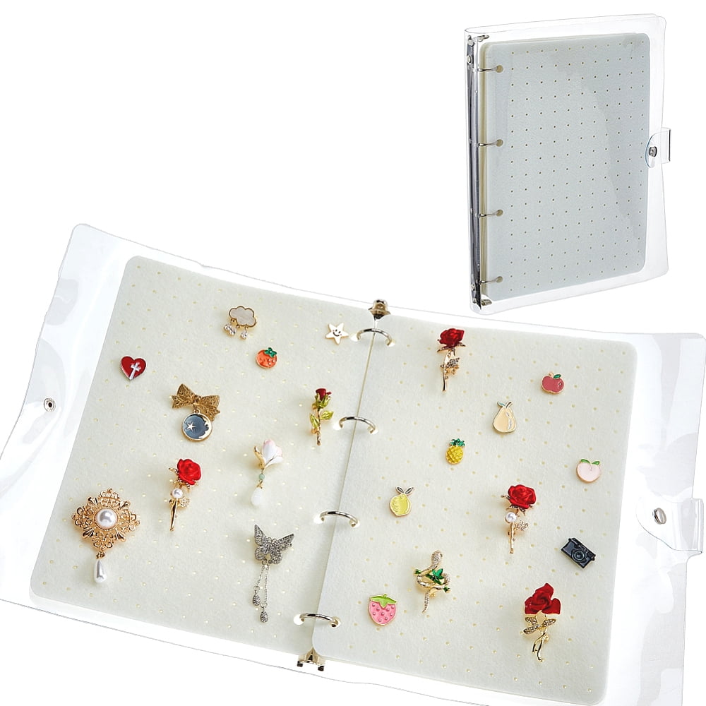 6 Pages Felt Brooches Collection Binder Book with Rectangle PVC Binder Cover and Iron Binder Rings White 31.7x25.8x3.1cm