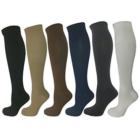 6 Pair with 6 Colors Ladies Compression Socks; Runners, Nurses, Orthopedic, DVT, Diabetic Moderate/Medium Compression 15-20 mmHg. Therapeutic, Occupational, Travel & Flight Knee-High L/XL