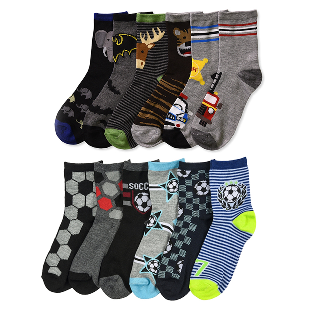 6 Pair Boys Crew Socks Kids Shoe Size 4-6 Years Cartoon Patterned Design School - image 1 of 3