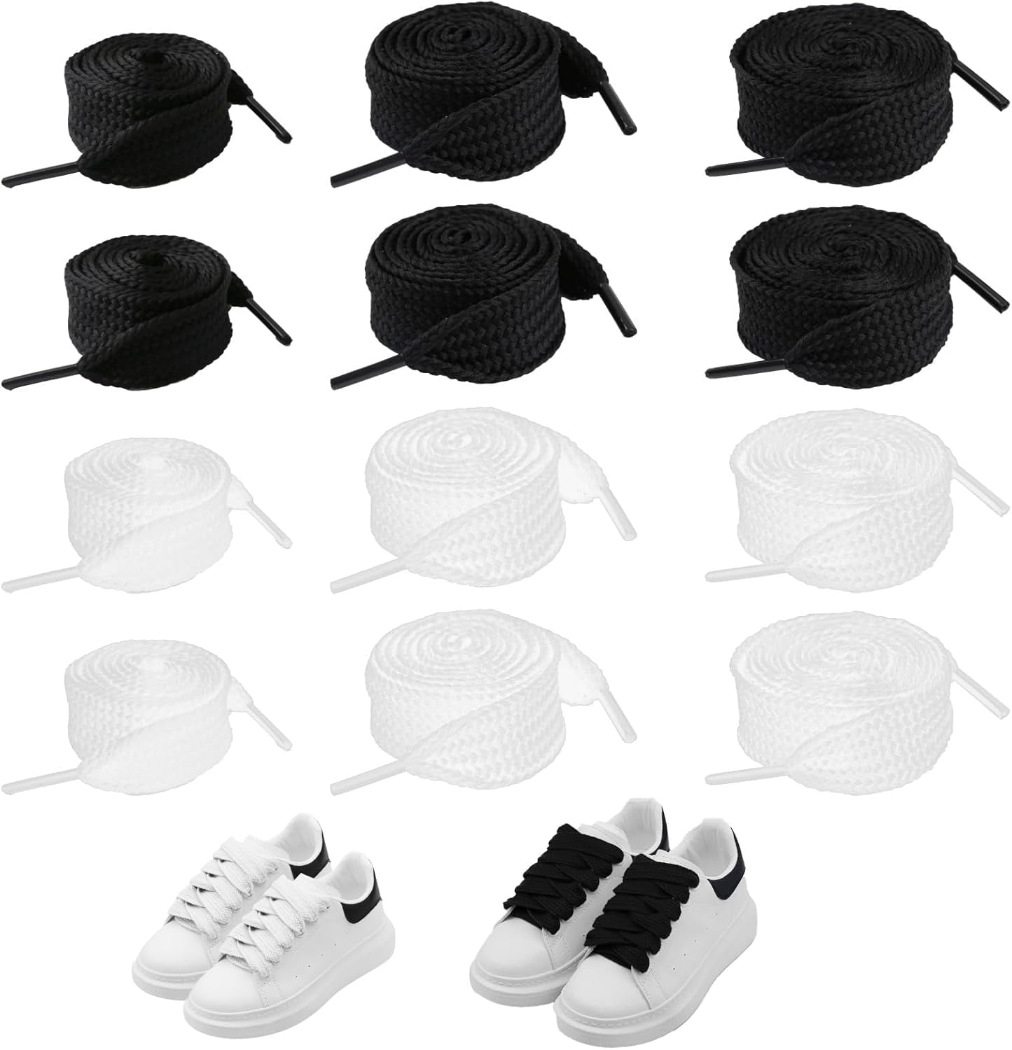6 Pair Chunky White and Black Fat Laces, 4/5" (20mm) Wide Athletic Thick Flat Solid Color Replacement Shoelaces for Adults Teenages Retro Skate Sneaker Shoes (Black & White, 39"/47"/55")
