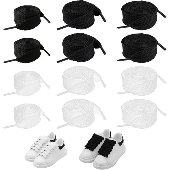 6 Pair Chunky White and Black Fat Laces, 4/5" (20mm) Wide Athletic Thick Flat Solid Color Replacement Shoelaces for Adults Teenages Retro Skate Sneaker Shoes (Black & White, 39"/47"/55")