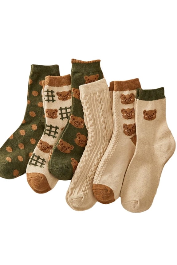 6 Pair Cute Cotton Kawaii Bear Ankle Socks - Preppy Ruffle Japanese Thick Fall Vintage Crew Socks for Women