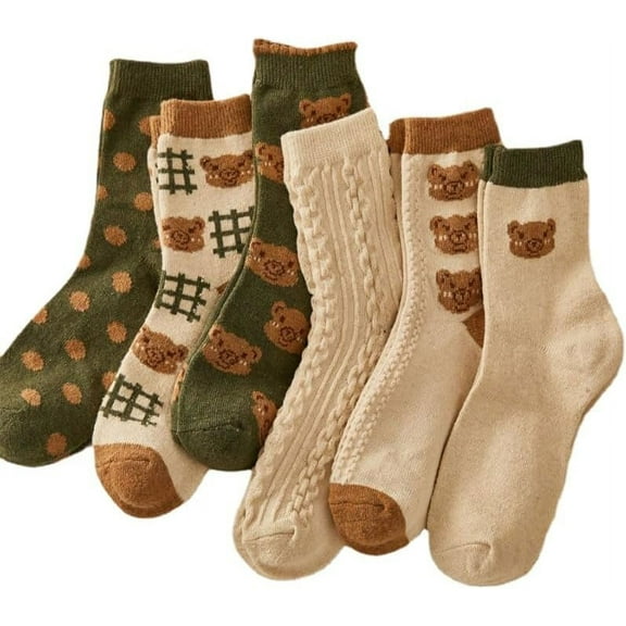 6 Pair Cute Cotton Socks Kawaii Bear Ankle Socks Preppy Ruffle Socks for Women Japanese Thick Fall Vintage Crew Socks