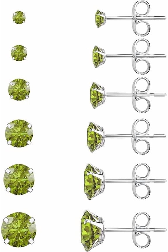 6-Pair Earring Set, Hypoallergenic Cubic Zirconia 316L, Stainless Steel, Sizes 3-8mm (Steel Color)