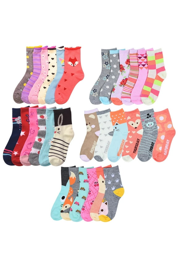6 Pair Girls Socks Size 6-8 Crew Low Cut Quarter Kids Novelty Assorted Designs !