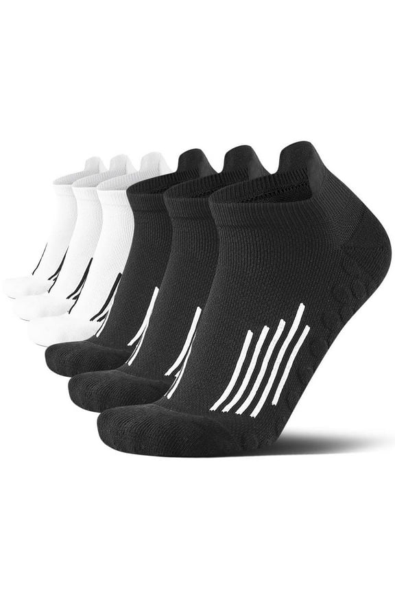 6-Pair Men's Performance Ankle Socks: Moisture-Wicking, Breathable & Non-Slip Grip - Arch Support, High-Stretch & Cushioned For Running, Hiking, Workout (Black/White) Athletic Socks