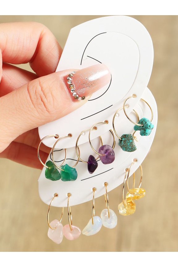 6-Pair Multicolor Stone Hoop Earrings Set With Goldtone Metal
