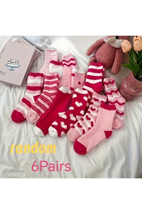 6-Pair Pack Women's Thick Fleece Mid-Calf Socks, Heart Pattern, Warm Winter Sleep Socks, Ribbed Cuff, Soft and Comfortable, Suitable for Home, Leisure, or Outdoor Wear, Playful Design, Plush Texture