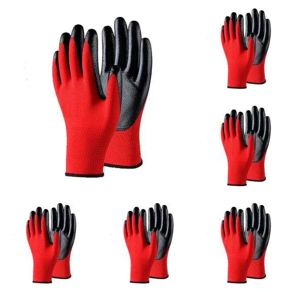 6-Pair Safety Work Gloves Set - Red Nitrile Coated Palm Gloves for Men & Women, General Duty for Gardening, Warehouse, Gardening, Climbing & Fishing, Medium