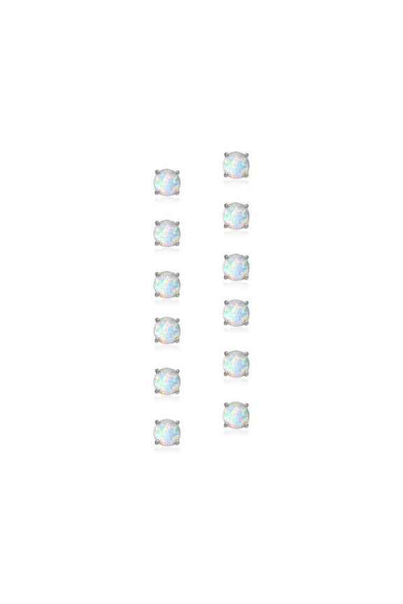 6 Pair Set Silver Tone 6mm Simulated White Opal Round Stud Earrings