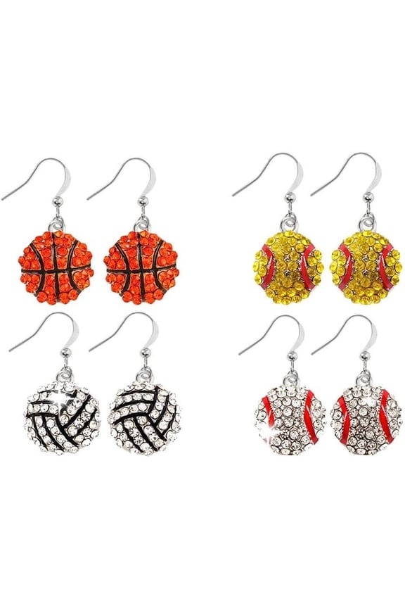 6 Pair Upgrade Unique Rhinestone Stud Earrings Cute Basketball Volleyball Baseball Football Rugby Shiny Crystal Sport Earrings For Women Gift[Z1]