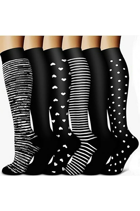 6 Pair Womens Sports Running Socks Knee High Novelty Floral Socks Yoga Nurse Travel Support Pressure Socks Black, L