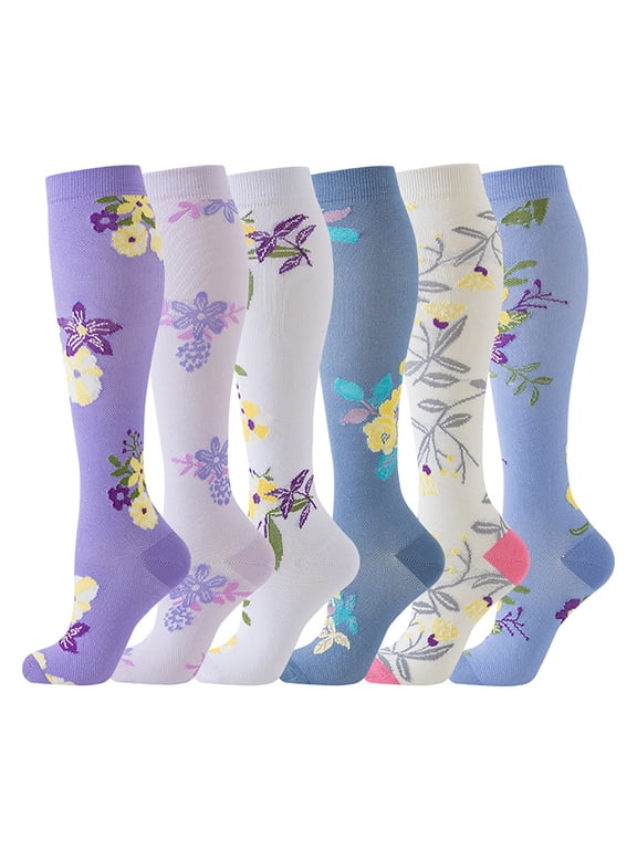 6 Pair Womens Sports Running Socks Knee High Novelty Floral Socks Yoga Nurse Travel Support Pressure Socks Sky Blue, L