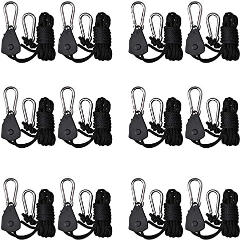 12 Pack Heavy Duty Adjustable Rope Clip Hangers | 1/8 Inch, 8 FT Long, 150lb Capacity | With M5 Carabiners & Metal Gears