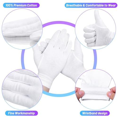 6 Pairs 100% Moisturizing Gloves for Dry Hands Overnight, 10 Pairs White Cotton Gloves for Women Eczema, Hand Moisturizer Sleeping Spa Gloves for Dry Hands Eczema