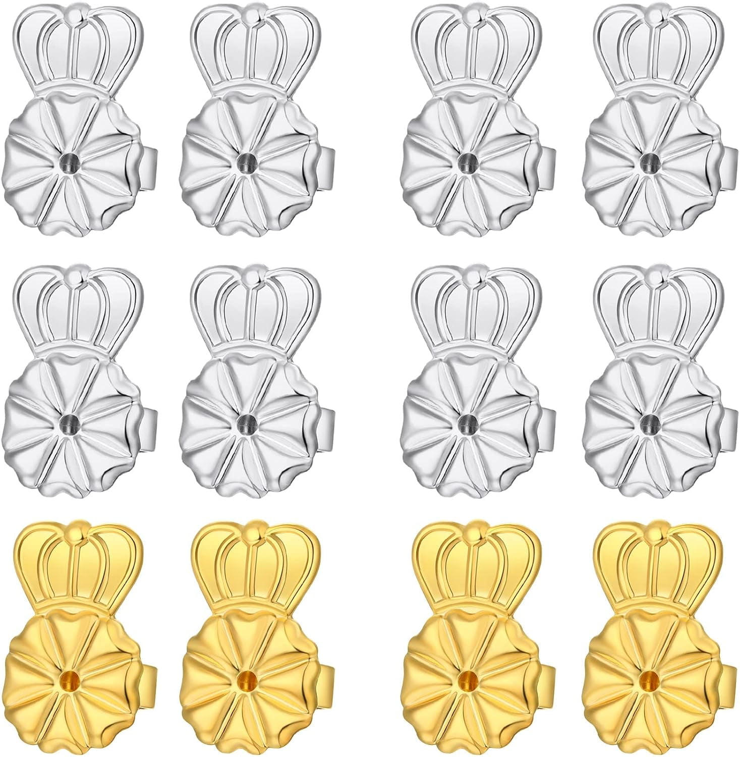 6 Pairs 14K Earring Backs Lifters,Hypoallergenic Earring Backs for Droopy Ears,Adjustable Crown Earring Backs for Heavy Earring(White+Gold)