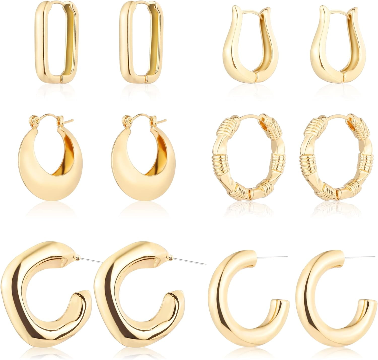 UMEHOM 6 Pairs 14K Gold Hoop Earrings For Women Lightweight Chunky Hoop Earrings Multipack Hypoallergenic, Thick Open Twisted Huggie Hoops Earring Set Jewelry For Gifts.[Z3]