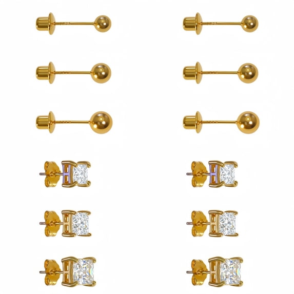 6 Pairs 14K Gold Plated Stud Earrings Set, Hypoallergenic Cubic Zirconia Earrings for Women and Men