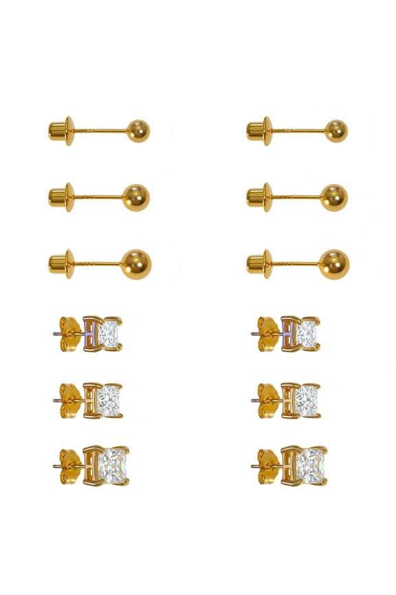 6 Pairs 14K Gold Plated Stud Earrings Set, Hypoallergenic Cubic Zirconia Earrings for Women and Men