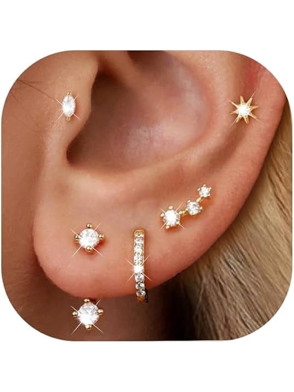 14K Gold Plated Stud Earrings for Women, Hypoallergenic Cartilage Earrings for Multiple Piercing, Dainty Small Stackable Earrings Set for Jewelry Gift