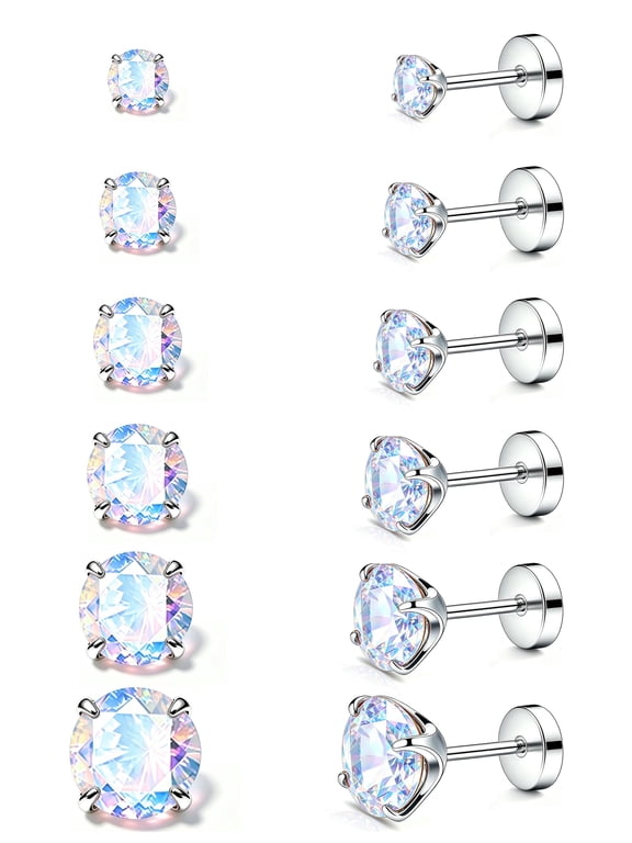 6 Pairs 20G Hypoallergenic Flat Back Earrings 316L Stainless Steel Silver Studs with Cubic Zirconia Birthstone Cartilage Earrings for Sensitive Ears Women Men