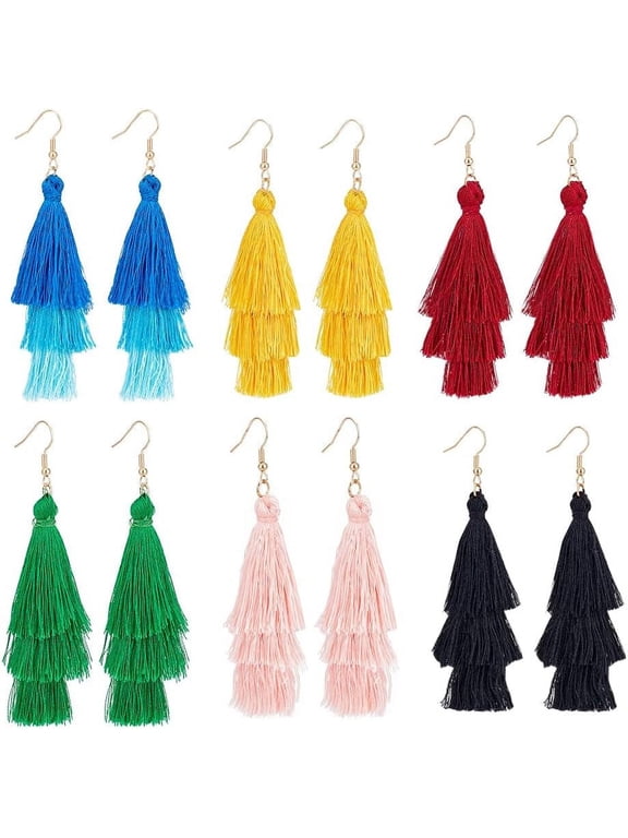 6 Pairs 3 Layered Tassel Earrings for Women Green Red Blue Pink Black Yellow Tassel Dangle Drop Jewelry Earrings Sets for Party Birthday Christmas Wedding Daily Statement Boho for DIY