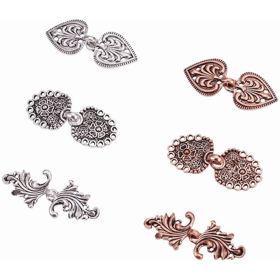 6 Pairs 3 Shapes Alloy Baroque Spade Cape or Cloak Clasp Fasteners Decorative Sew On Hooks and Eyes for Cardigan Cape or Cloak (Silver Red Copper)