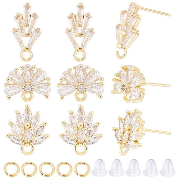6 Pairs 3 Style Flower Brass Cubic Zirconia Stud Earring Findings with Loops 40Pcs Jump Rings 40Pcs Plastic Ear Nuts Golden