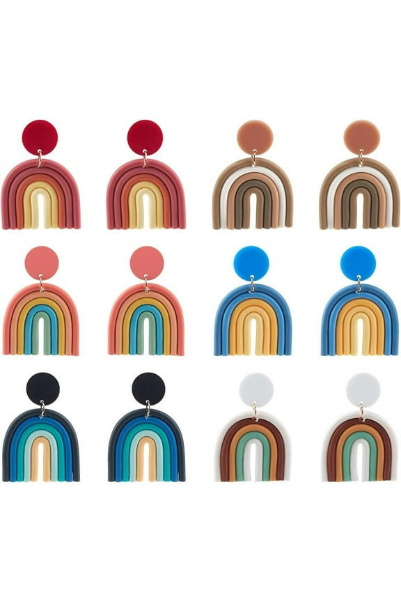 6 Pairs 6 Colors Polymer Clay Arch Dangle Stud Earrings for Women Mixed Color 60x40mm