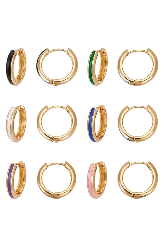 6 Pairs 6 Colors Real 18K Gold Plated Brass Huggie Hoop Earrings Mixed Color 15x16.5x3mm 1 Pair/color