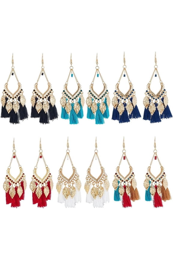 6 Pairs 6 Colors Tassel Earrings for Women Vintage Tassel Dangle Earrings Boho Colorful Fringe Earrings Tassel Earrings with Golden Leaves Charm Christmas Jewelry Gifts colorful DIY