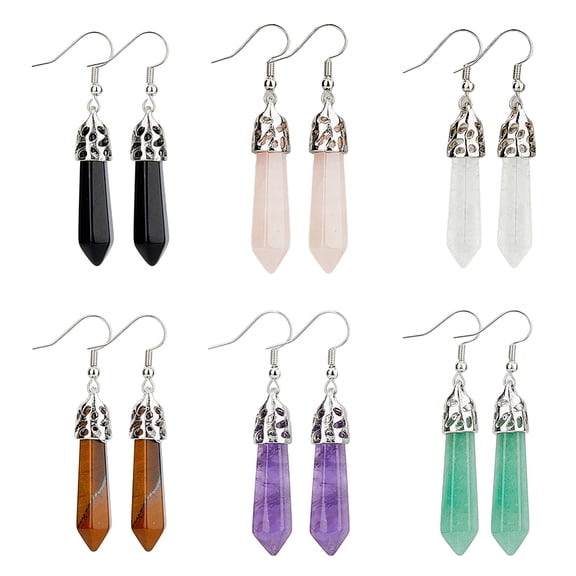 6 Pairs 6 Style Natural Mixed Gemstone Bullet Dangle Earrings Platinum Plated Zinc Alloy Jewelry for Women 53mm Pin: 0.5mm 1 pair/style