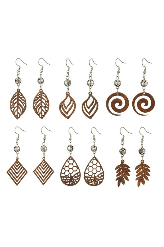 6 Pairs 6 styles Natural Walnut Wood with Alloy Bead Dangle Earrings for Women Leaf/Rhombus/Teardrop Sienna 65~72x18~25mm
