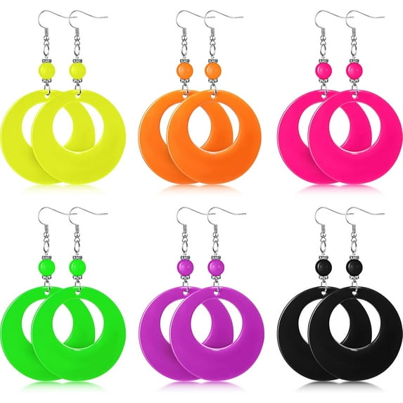 6 Pairs 80s 90s Neon Earrings For Women Retro Geometry Pendant Hoop Drop Dangle For 80's Outfit Glow Party Accessories