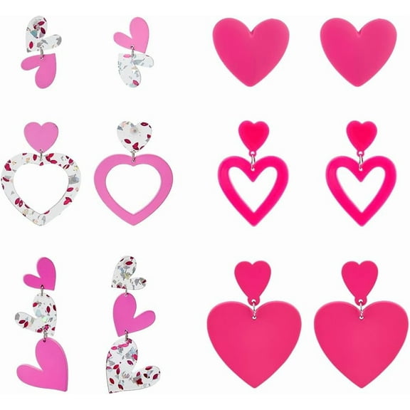 6 Pairs Acrylic Heart Earrings Hot Pink Heart Dangle Earrings Love Heart Earrings Dangling Heart Drop Earrings
