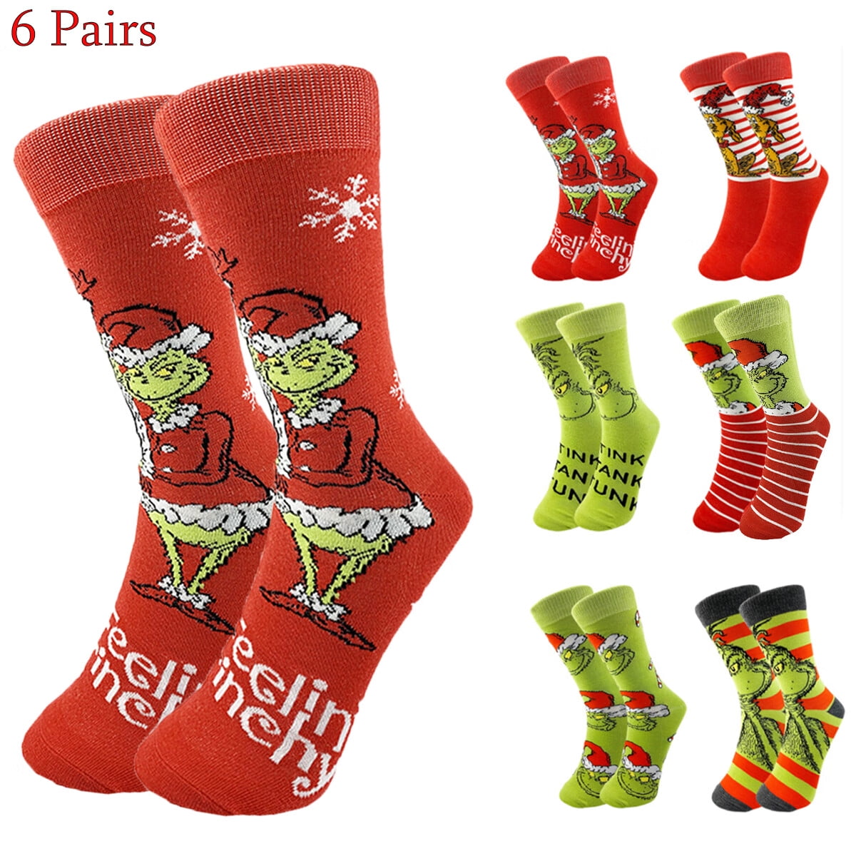 6 Pairs Adult Christmas Slipper Socks Grinch Thick Warm Sleeping Socks