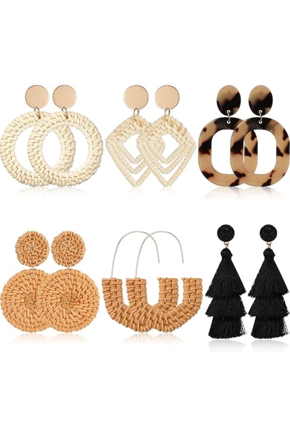 6 Pairs Artistic Earrings, Woven Raffia and Acritic Geometric Danglies, Hypoallergenic Lightweight Design, Boho Chic Accessories for Daily and Holiday