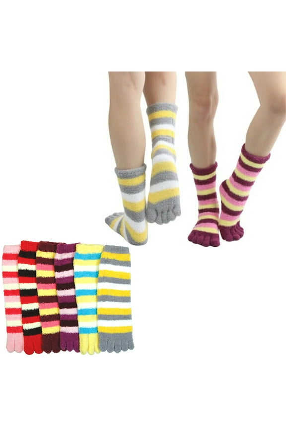 6 Pairs Assorted Stripes Winter Soft Warm Toe Socks Size 9-11 Cozy Womens Girls