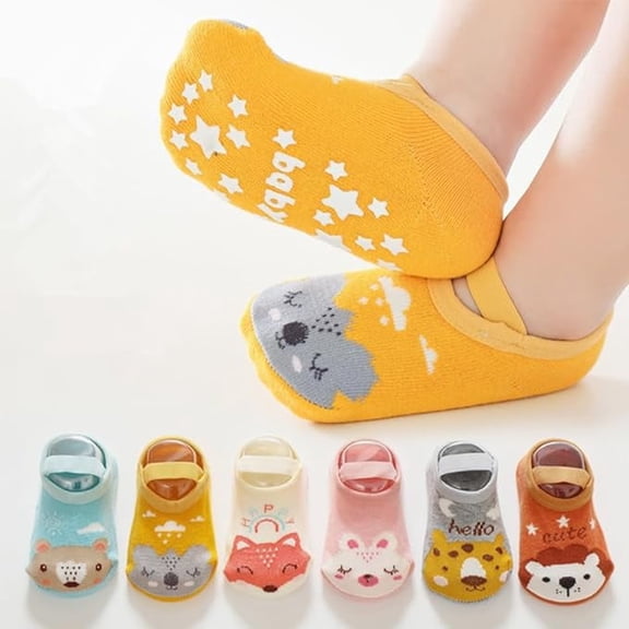 6 Pairs Baby Girls Non-Slip Socks Toddler Combed Cotton Socks Baby Newborn Cartoon Socks Anti-Slip Crew Socks for Infants