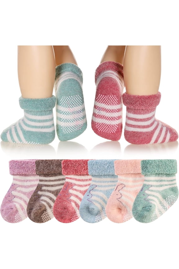 6 Pairs Baby Wool Grip Sock Soft Winter Warm Thick Non Slip Toddler Boy Girls Crew Socks For Children