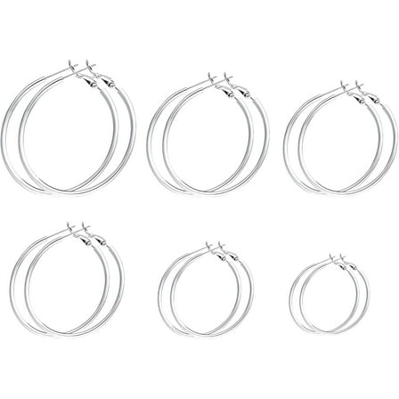 6 Pairs Big Hoop Earrings Set Silver Stainless Steel Hoop Earrings for Women Sensitive Ears