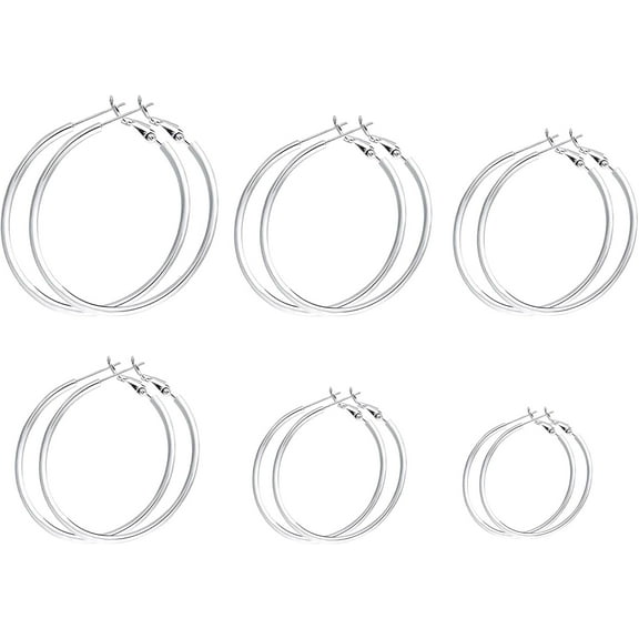 6 Pairs Big Hoop Earrings Set Silver Stainless Steel Hoop Earrings for Women Sensitive Ears