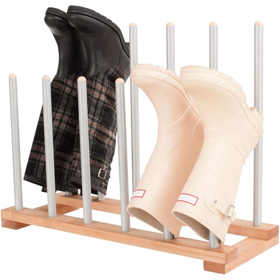 6 Pairs Birch Wood Boot Rack Free Standing Organizer, Easy to Assemble, Wooden & Aluminum Shoes Storage Holder for Tall Knee-High, Hiking, Riding, Rain in Closets & Entryways