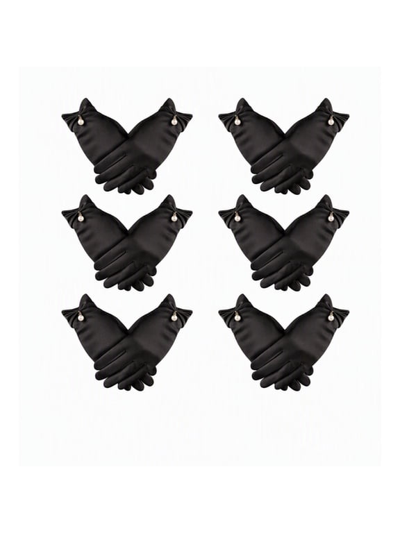 6 Pairs Black Short Satin Gloves for Women, Wrist Length Formal Opera Gloves for Wedding, Banquet, Party Dress