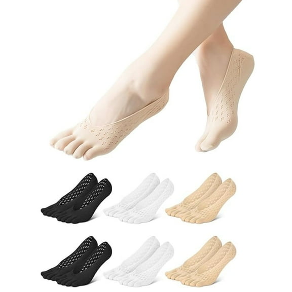 6 Pairs Bunion Relief Socks,Durable Compression Socks,Low Cut Liner Five Finger Socks,Reusable Soft Align Toe Socks for Women and Men(Beige/Black/White)