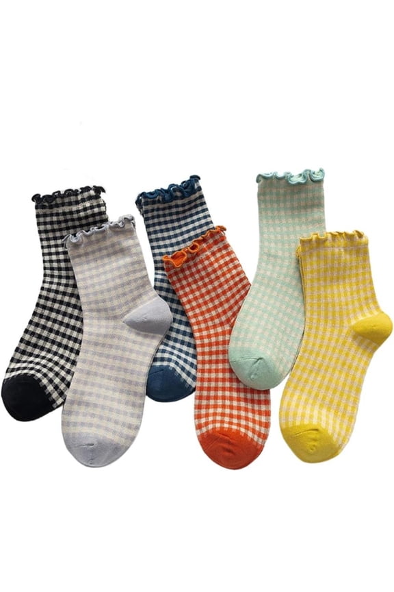 6 Pairs Checkered Ruffle Socks Women - Cute Plaid Frilly Sock - Casual Crew Cotton Socks Size 5-9 Women's Pilates elite